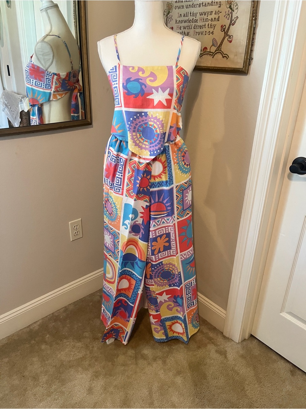 Multicolor Geometric Print Wide-Leg Jumpsuit with Spaghetti Straps